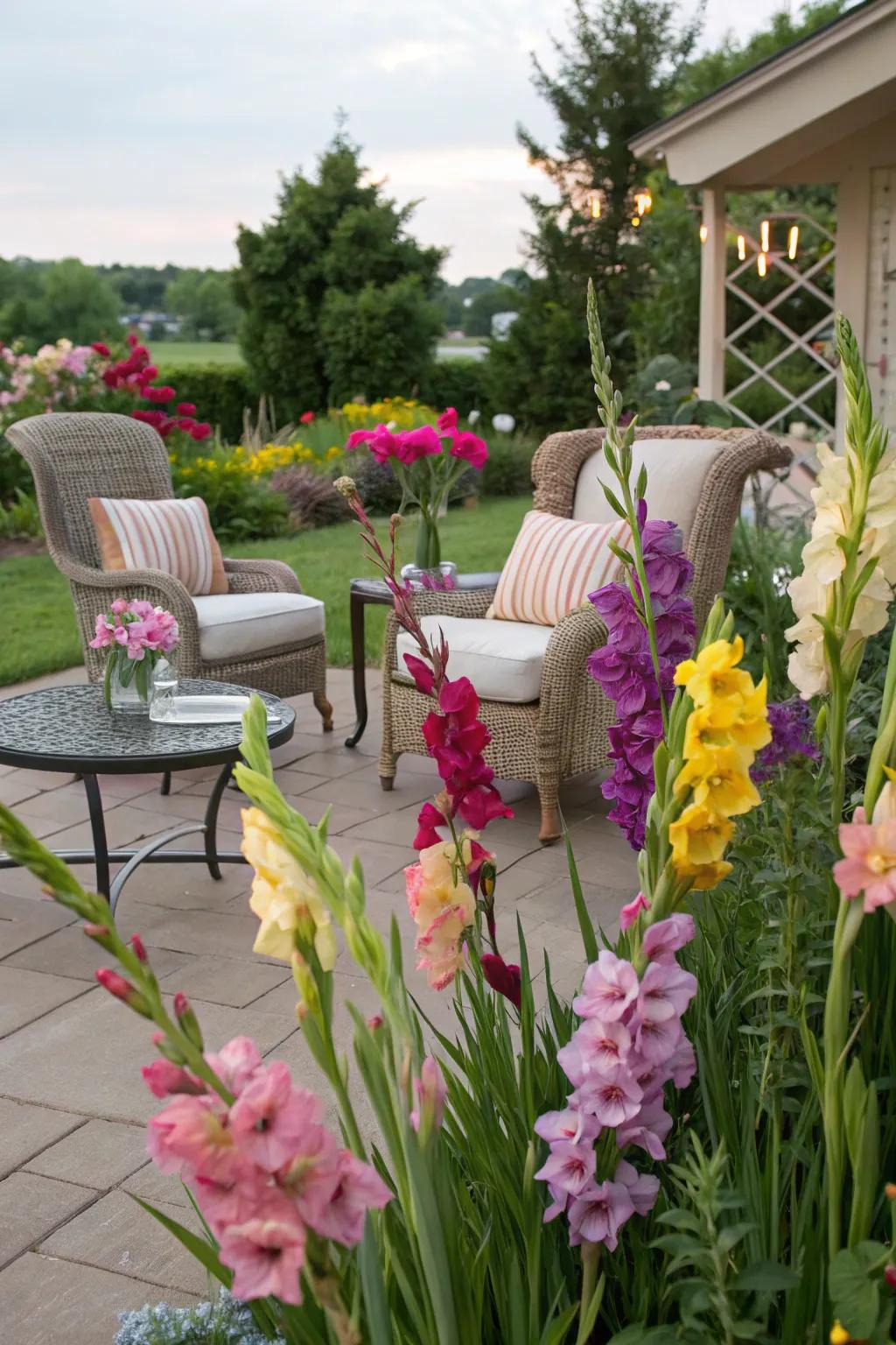 Gladiolus blossoms create a welcoming and cozy lounge space.