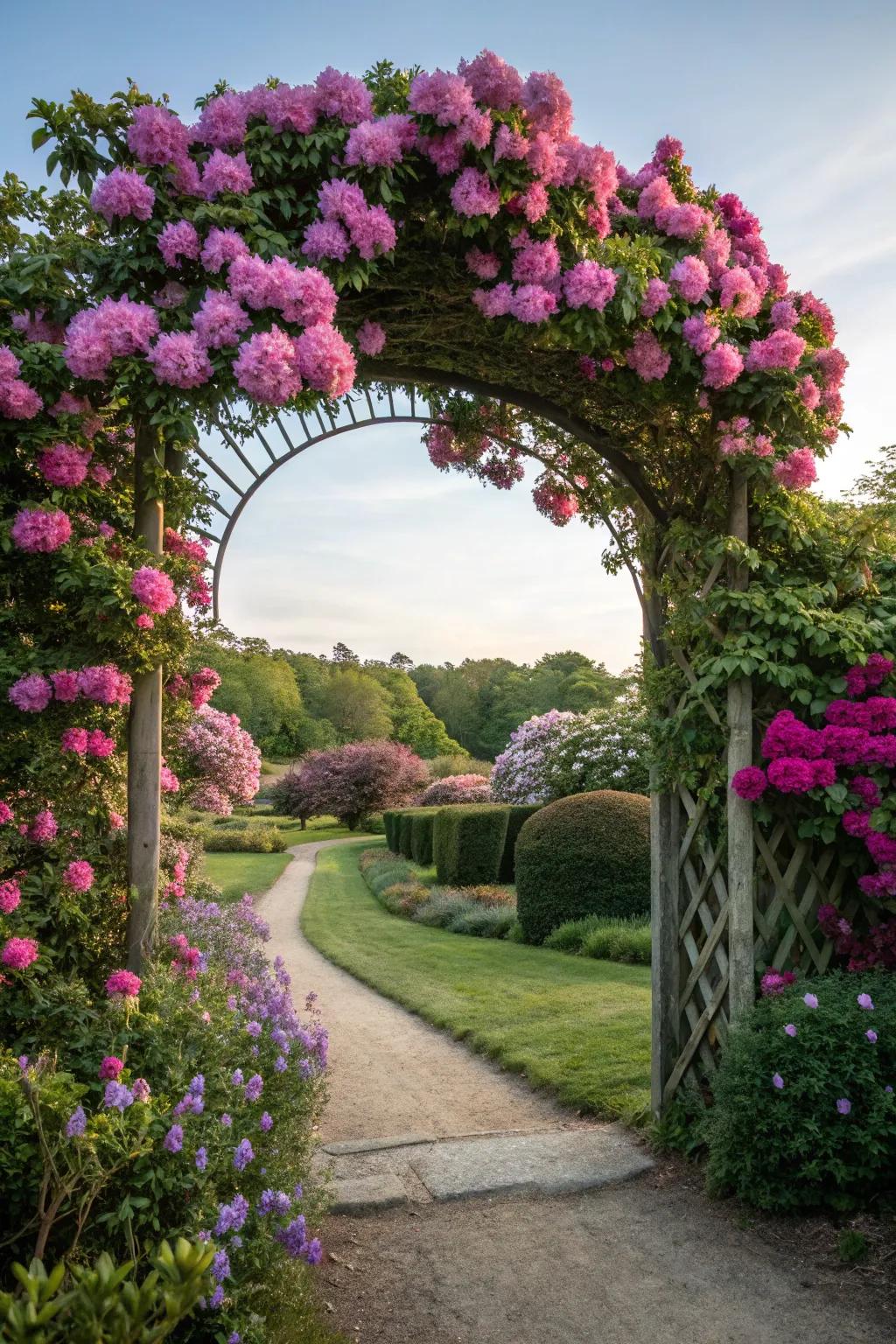 An enchanting rhododendron gateway creates a whimsical entrance.