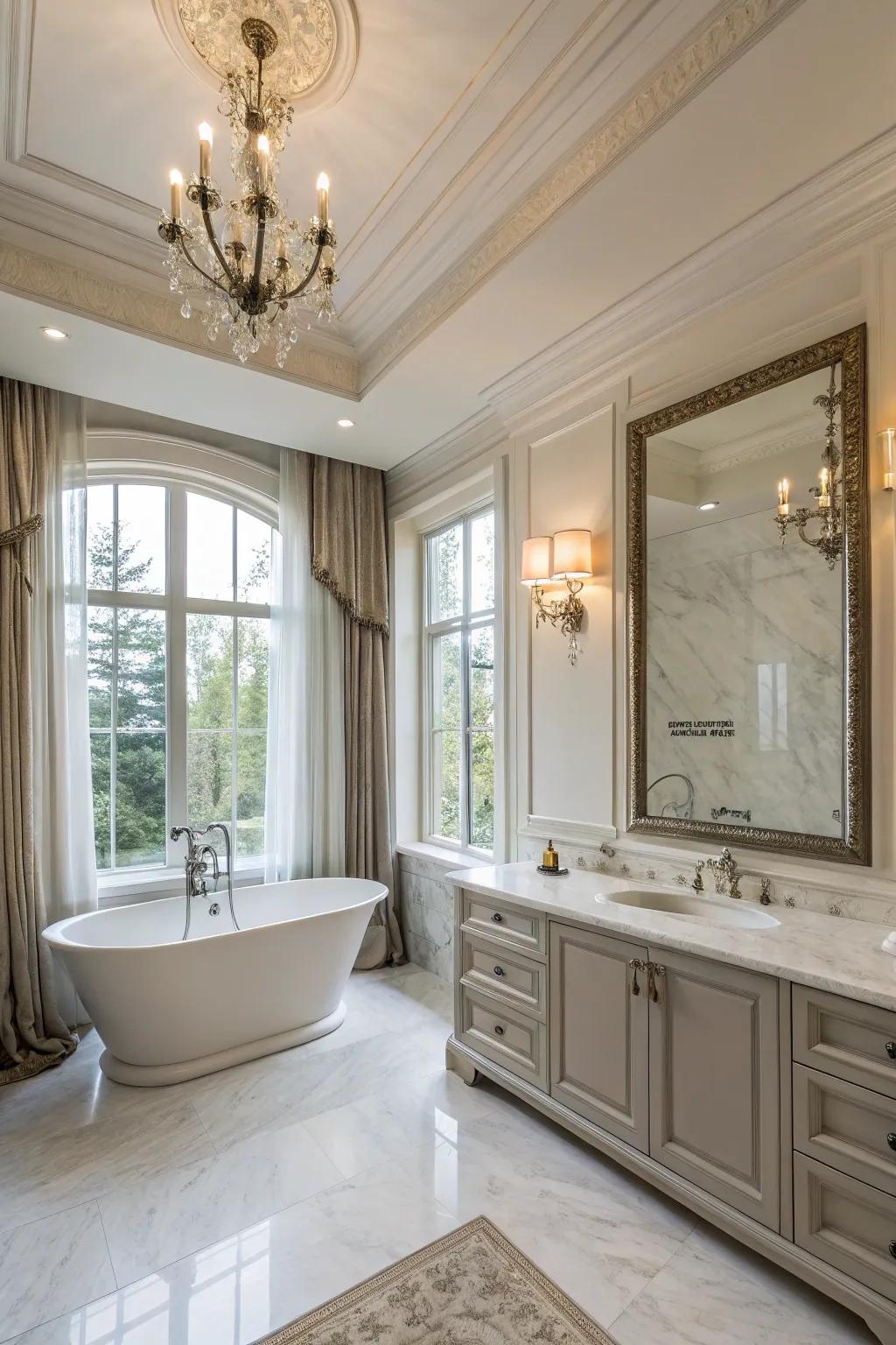 A lavish restroom refined by wide crown molding, fashioning a spa-like ambiance.