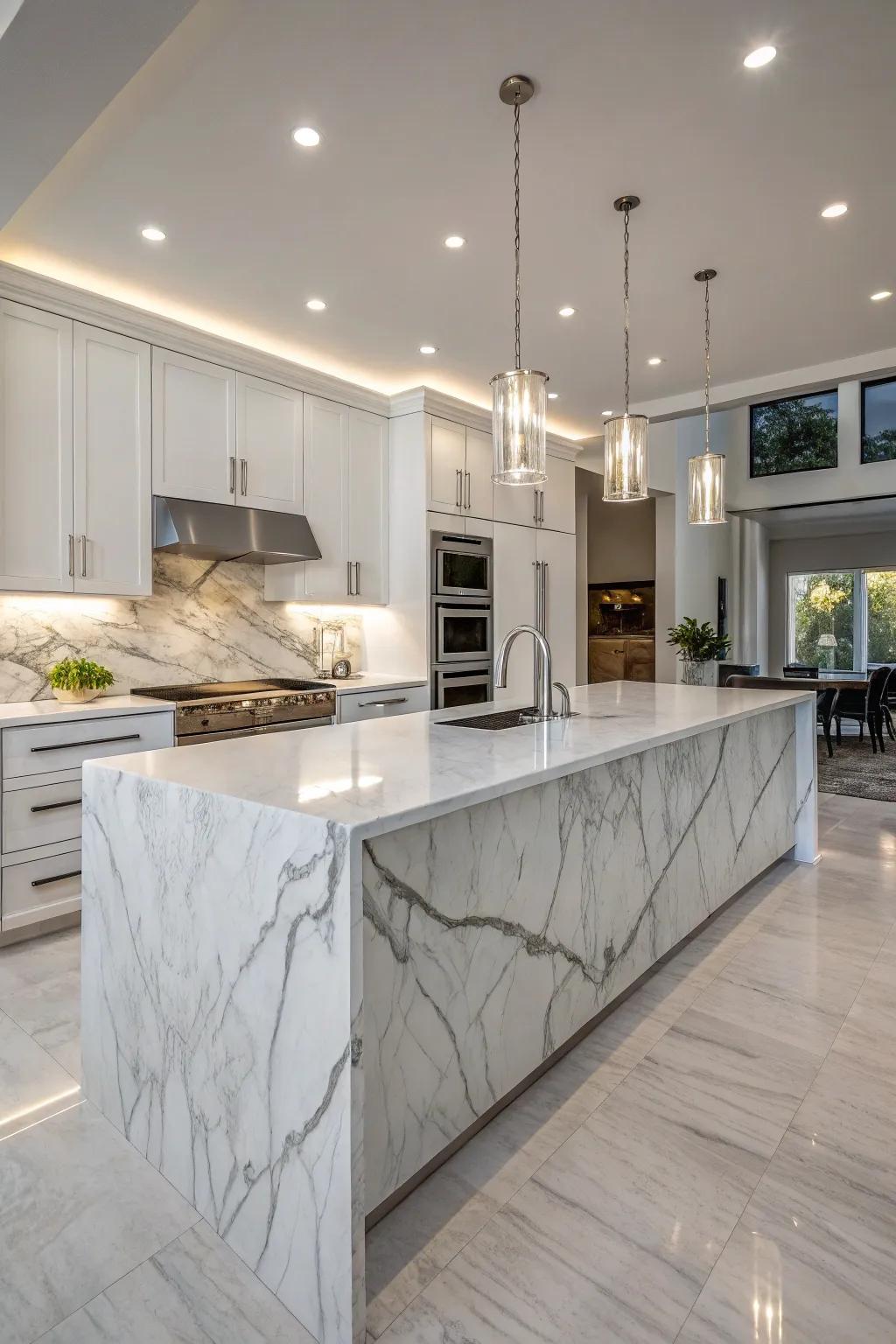 A modern kitchen featuring luxurious wrap-around countertops.