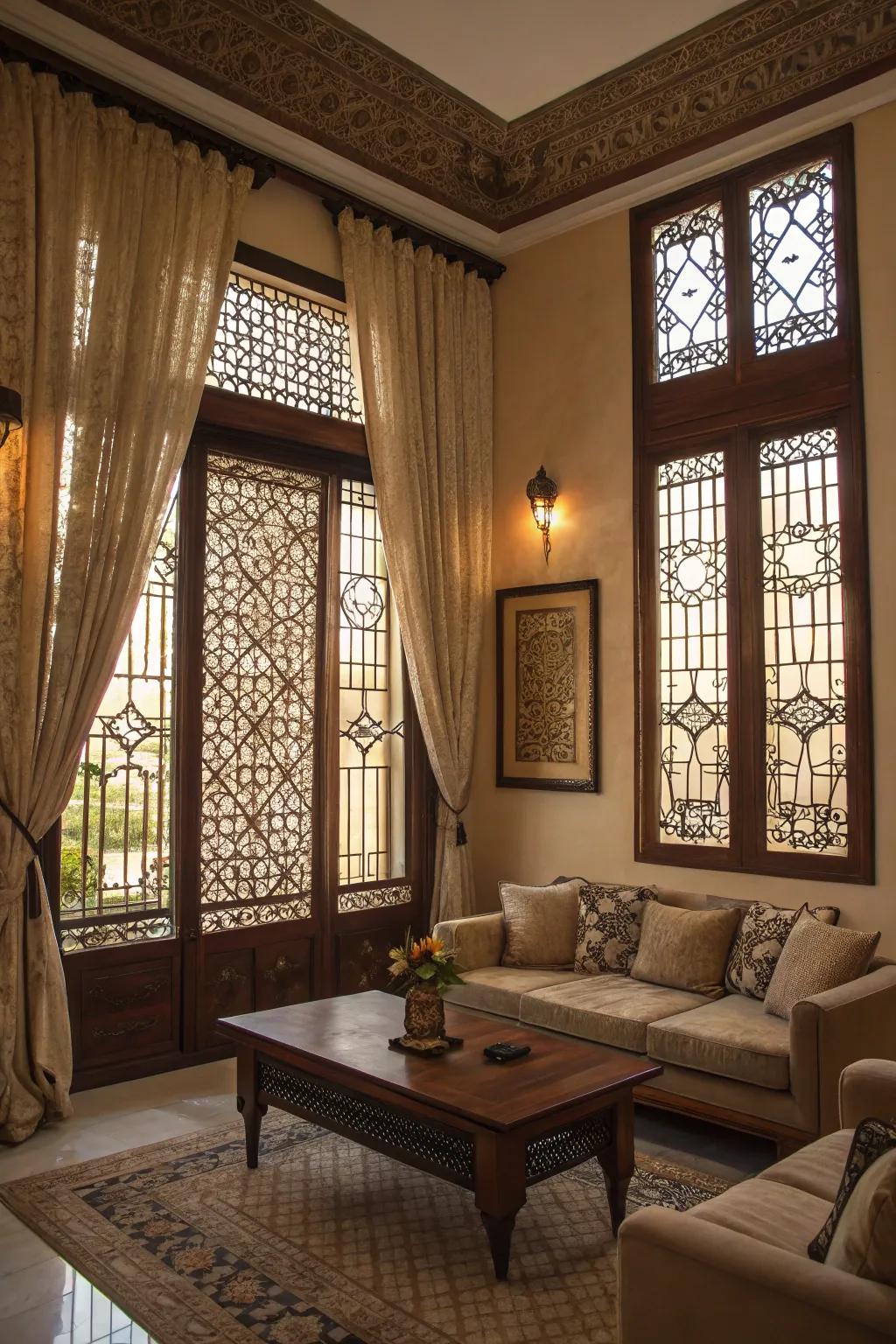 Ornamental framework casting stunning designs of light and shadow in the living room.