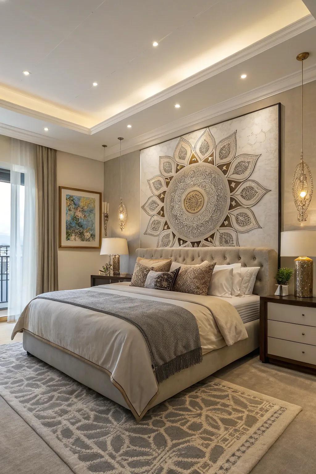 Ornamental art serves as a focal point in the room.