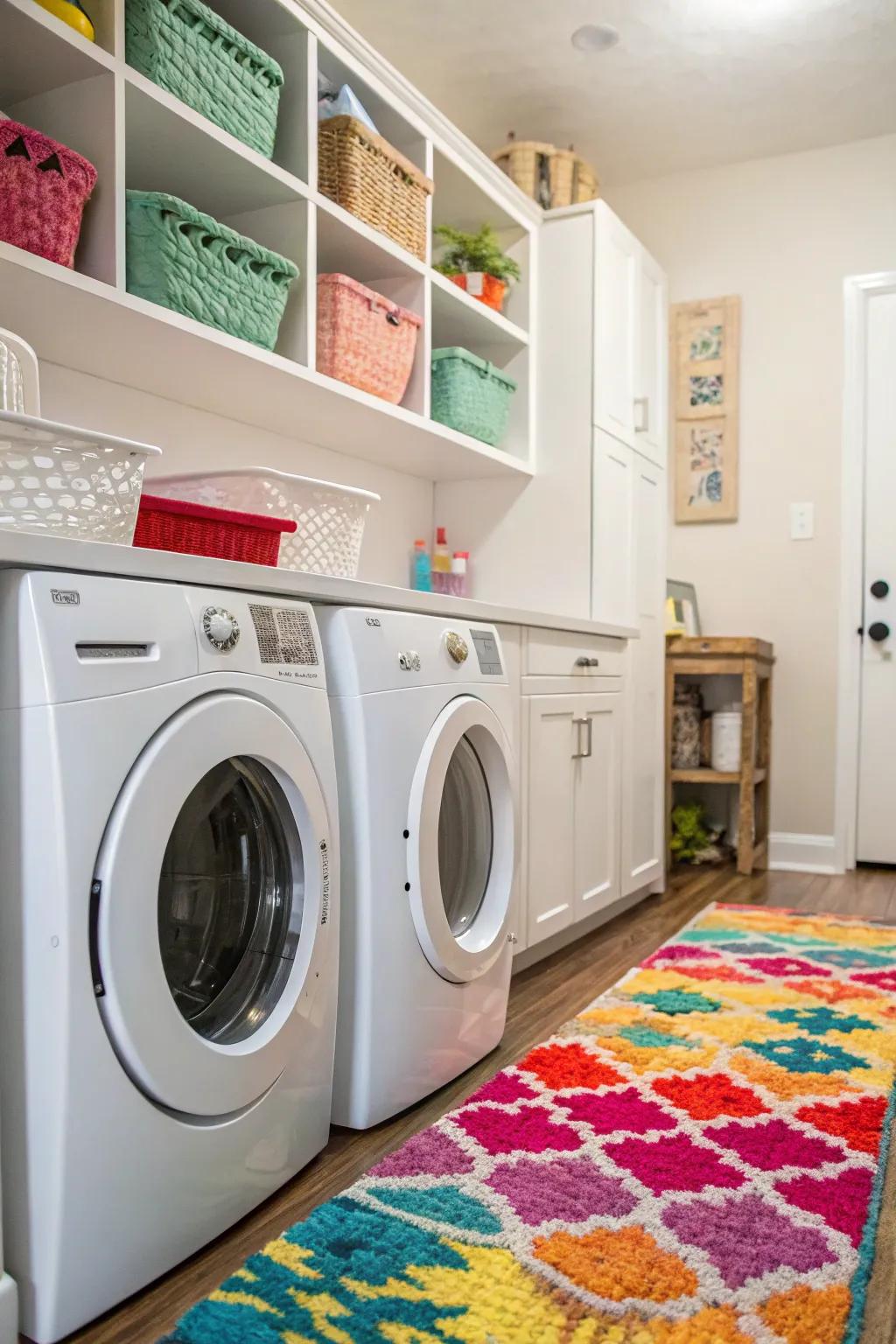 A vibrant rug injects color and warmth into the laundry room.