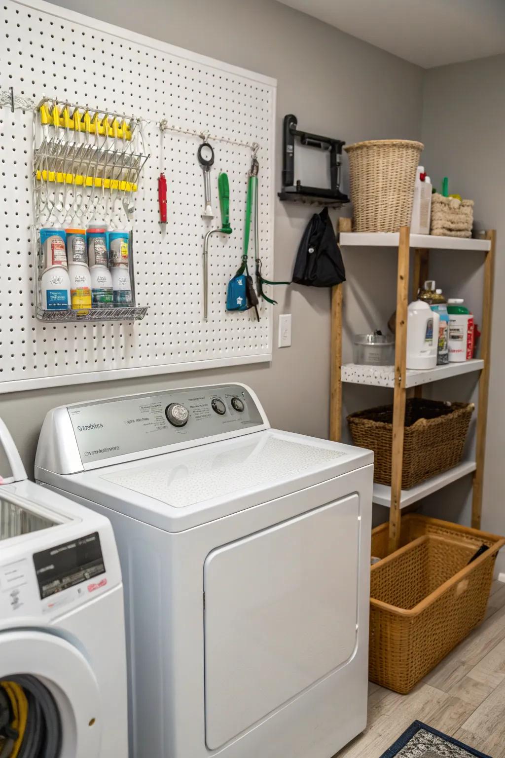 Pegboards present versatile and modifiable storage avenues.