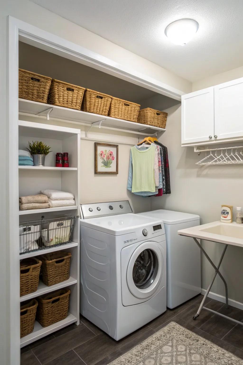 Corner setups get the most out of small laundry rooms.