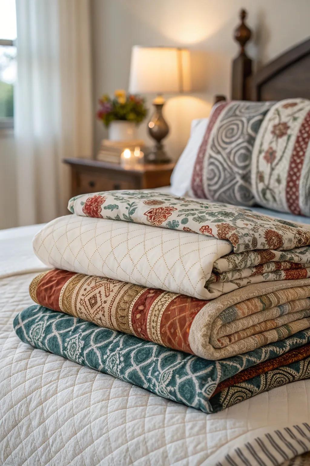An artistic mix of patterns adding uniqueness to the layered bedding.