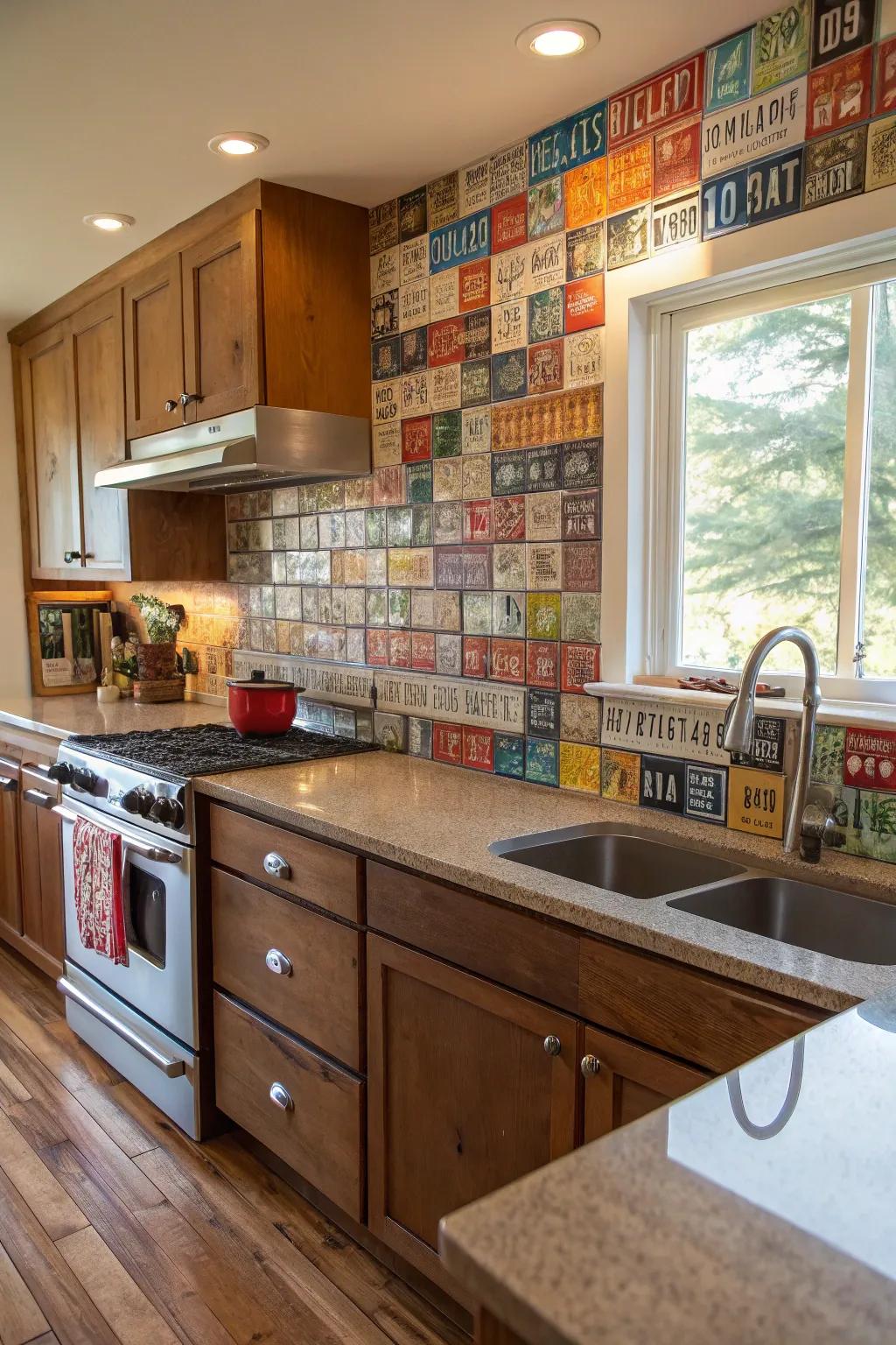 A metal sheet backsplash adds a playful element to the kitchen.