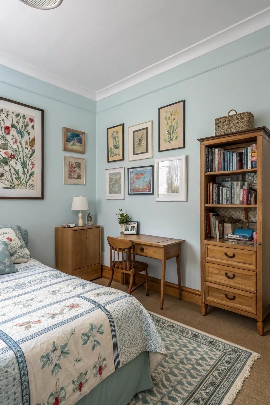 A bedroom in which pale blue walls act as a backdrop for displaying artwork and personal collections.