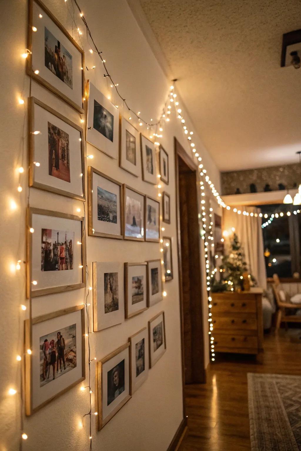A wall of memories highlighted by glowing dot lights.