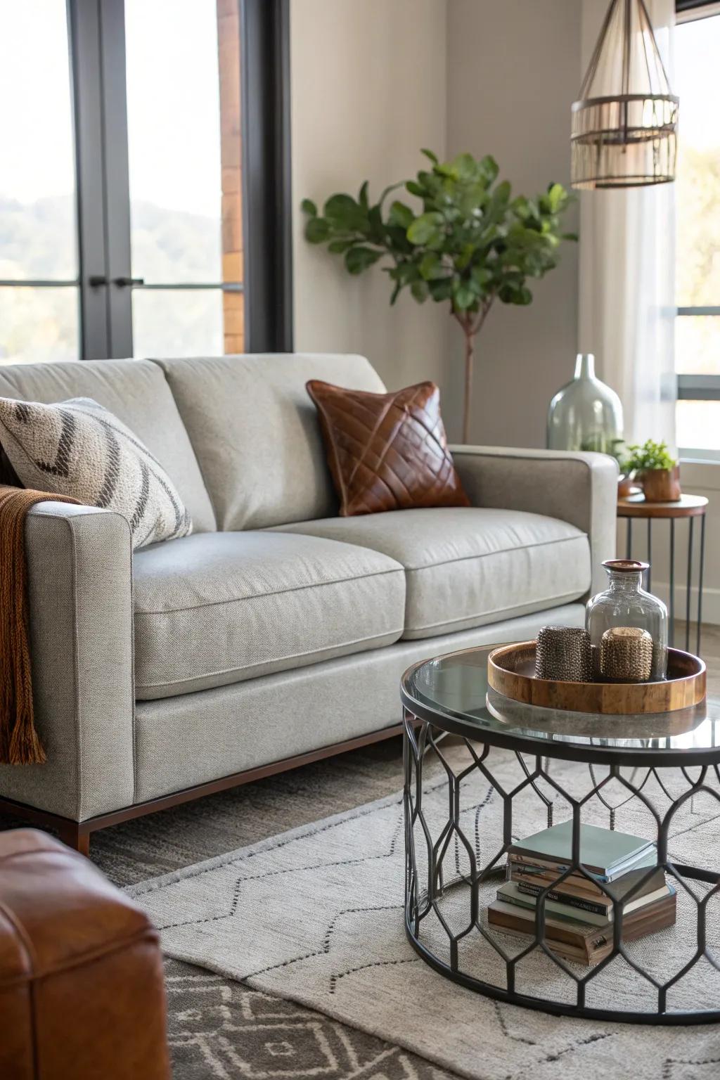 Mixing materials creates depth and sophistication with a pale stone sofa.