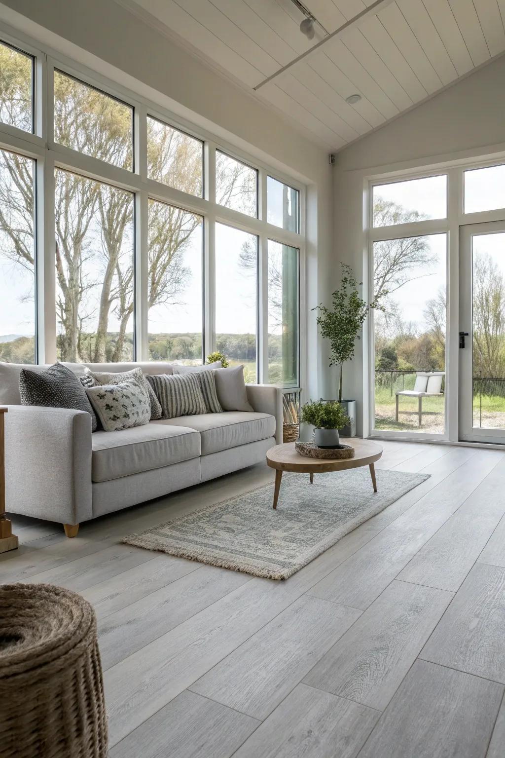 A bright living area with light grey flooring and ample natural light.