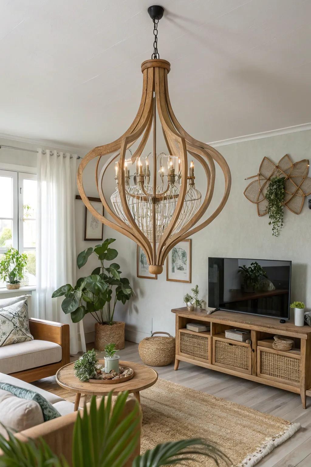 A living room with a chandelier featuring organic shapes and natural impacts.