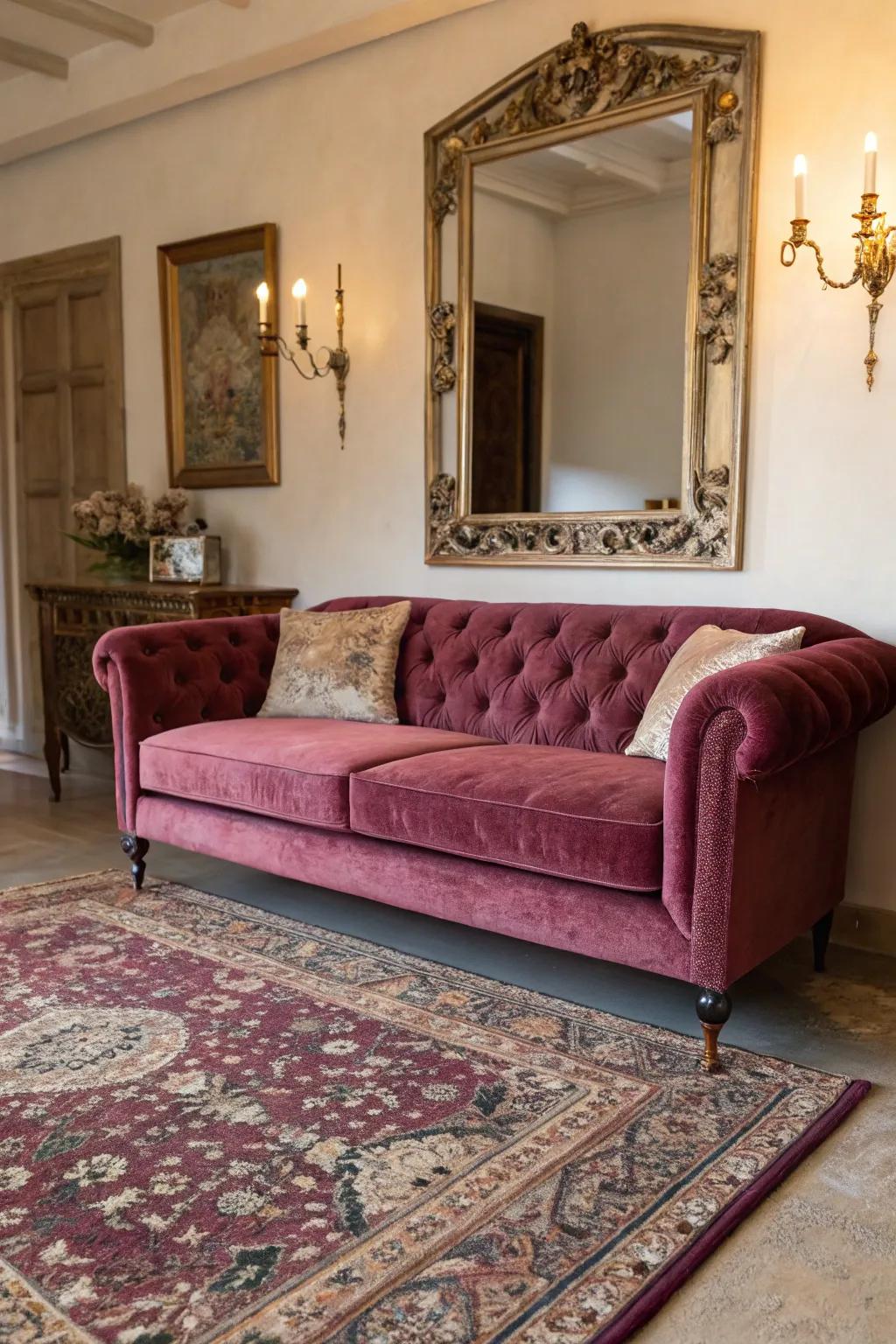 Elegant velvet couch adding a touch of luxury.
