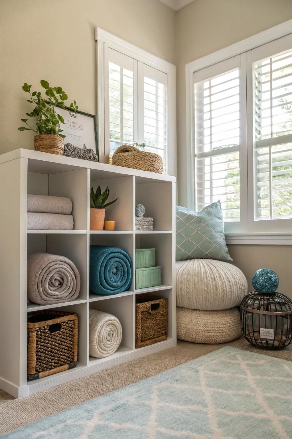 A peaceful meditation area using cube storage for a tranquil ambiance.