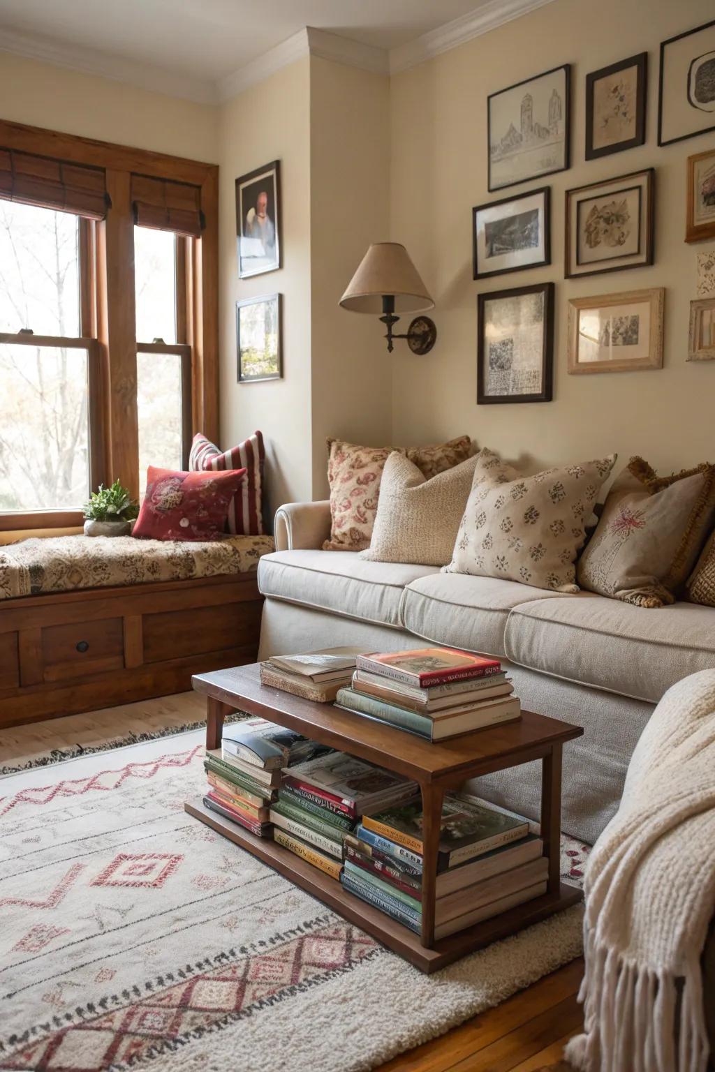 A living room showcasing a snug reading nook in an unused corner.