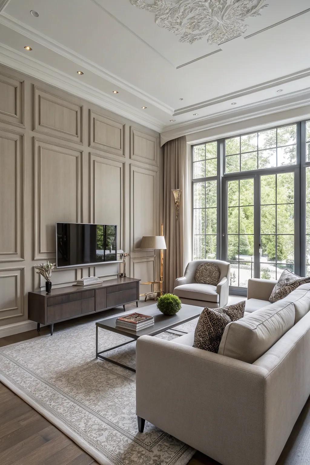 Achieve harmony by making sure your furniture coordinates with the wall panels.