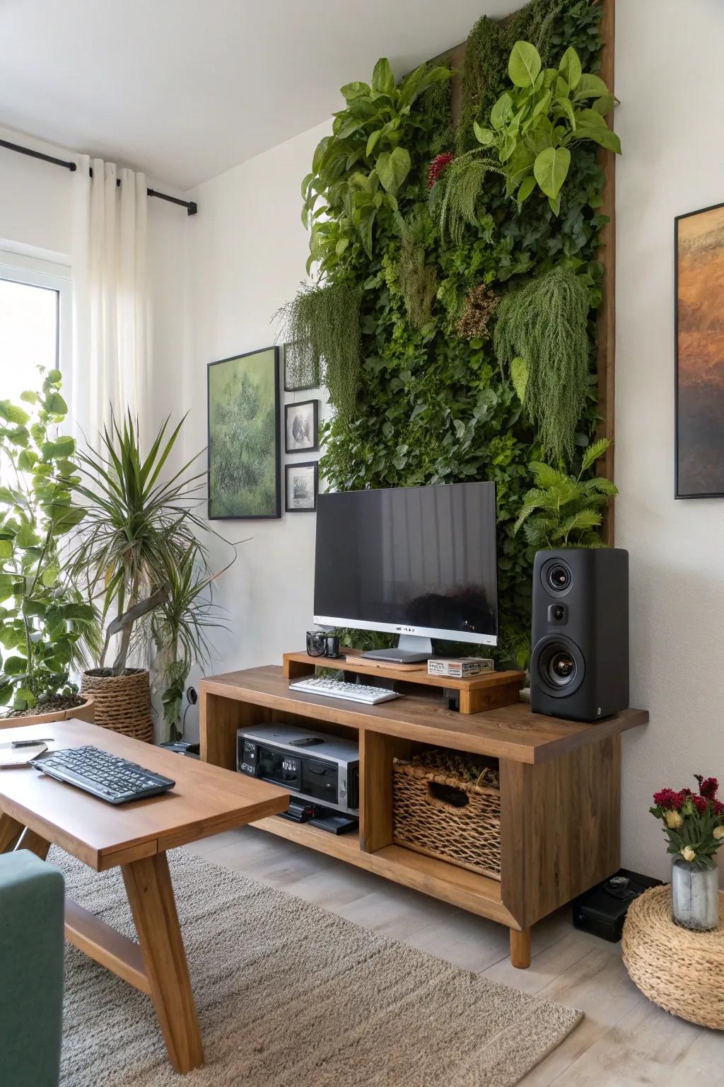 A living wall adds life and color to your setup.