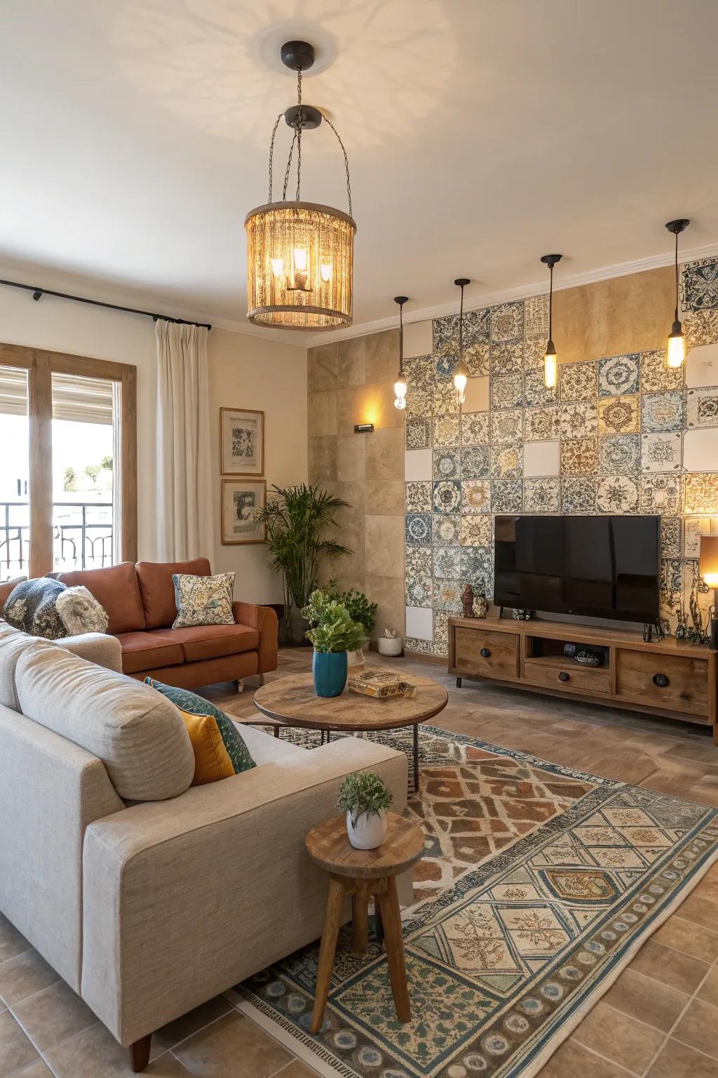 Balanced living area with warm and cool shade tiles.