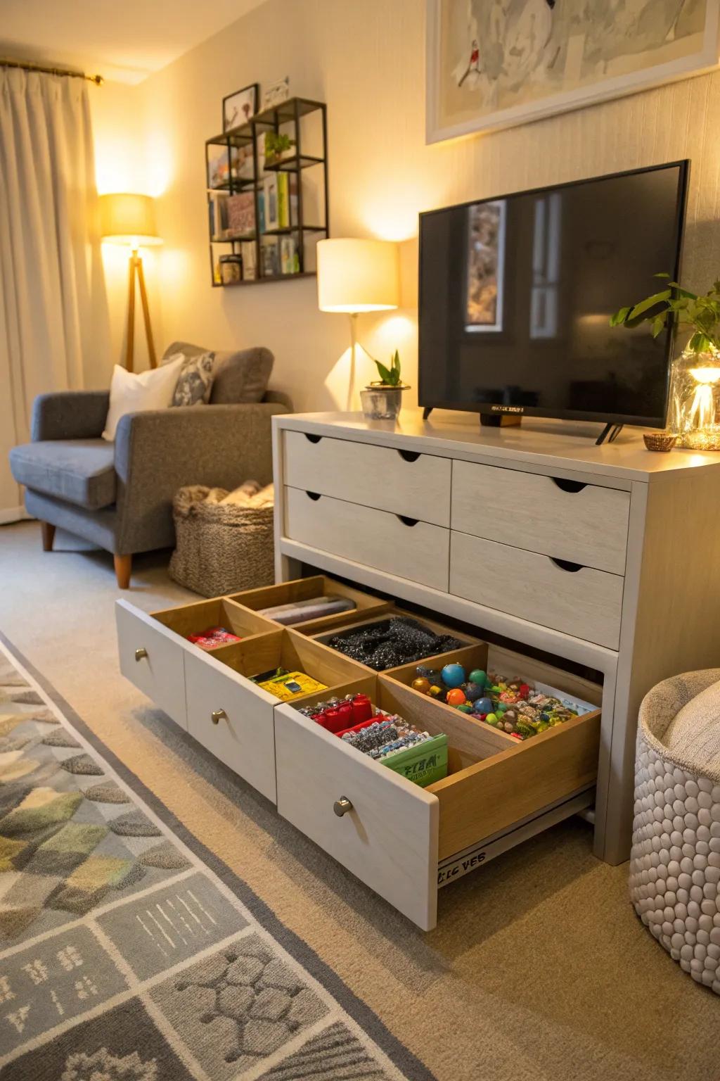 Drawer units are a source of organized and easily accessible toy storage.