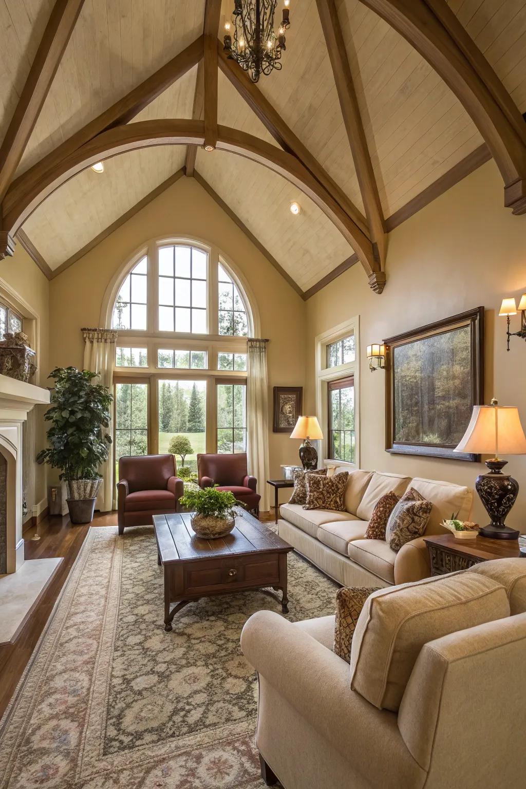 Comfortable seating arrangements improve the comfort of a room with a high ceiling.