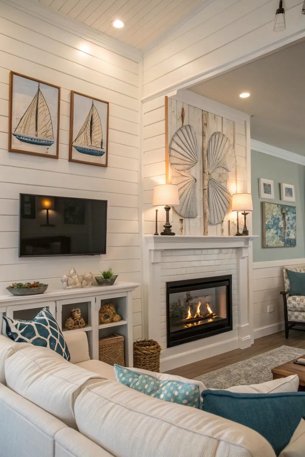 Shiplap panels create a serene, coastal vibe.