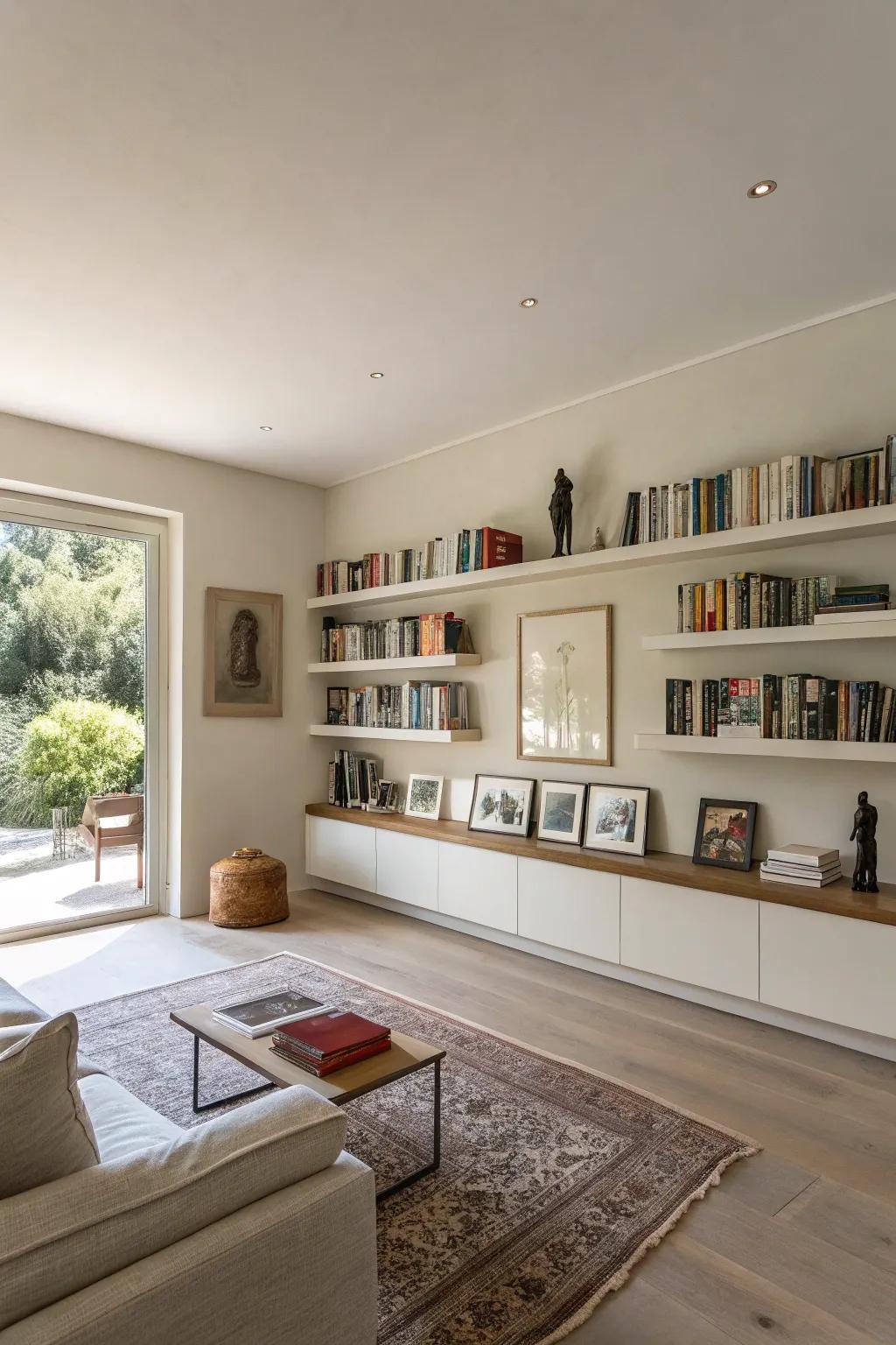 Opting for floating shelves enhances an open and minimalist visual.