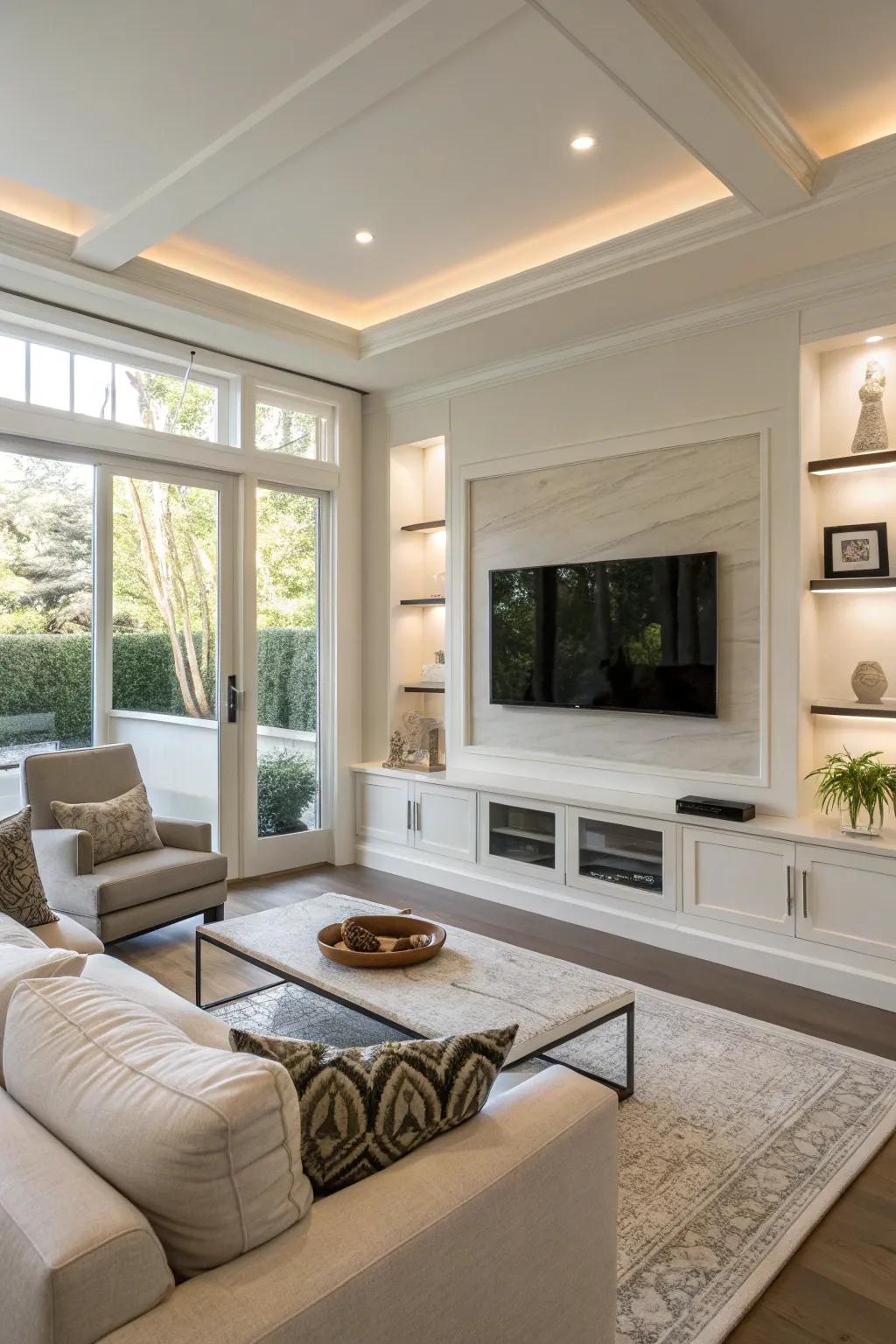 A flush-mount TV gives off a modern, sleek appearance.