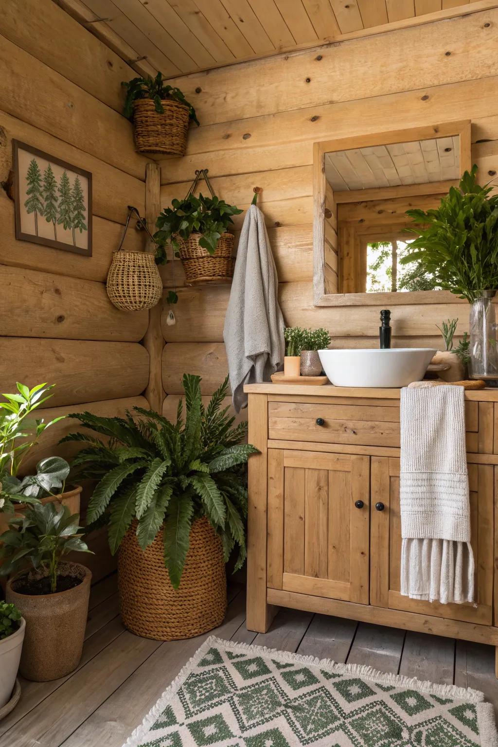 A log cabin bathroom with natural materials and indoor plants.