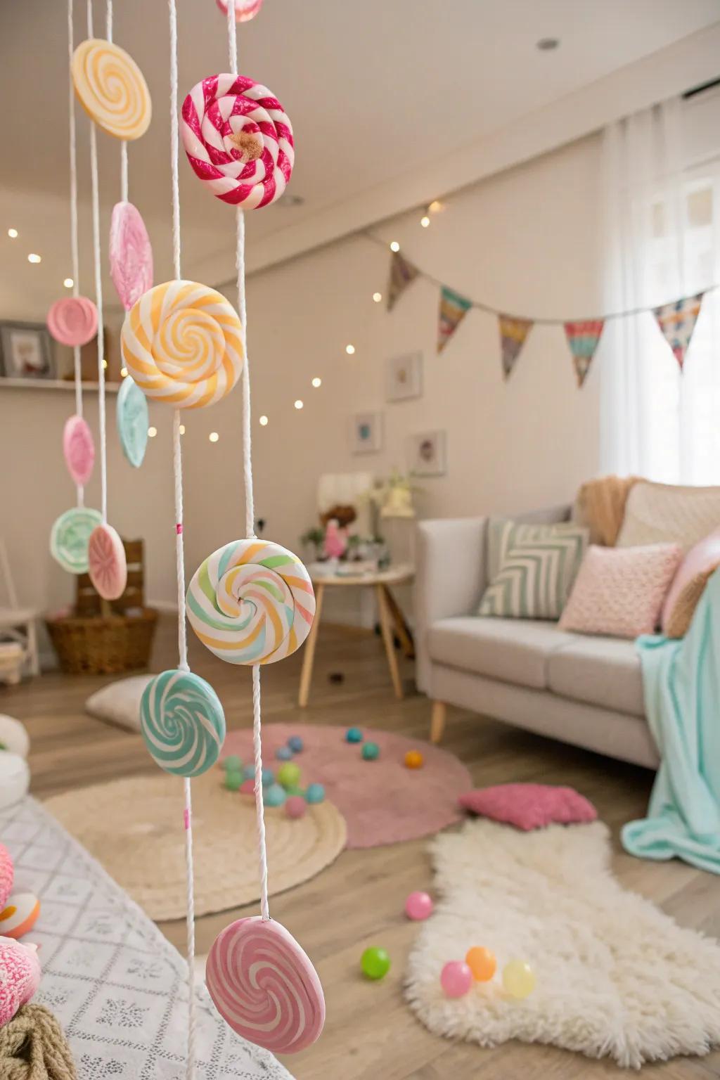 Suspended lollipops create a magical, unattached impression.