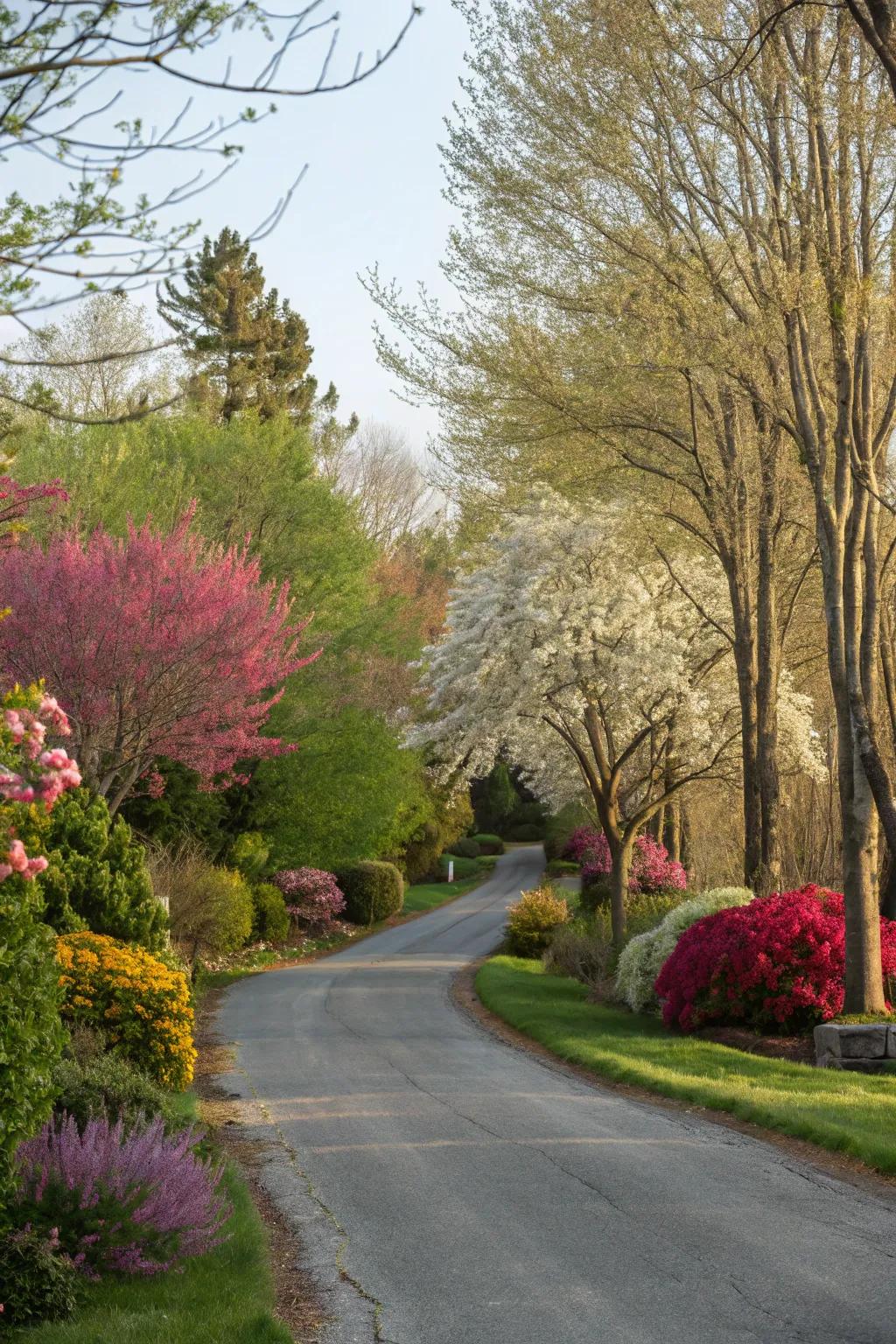 Seasonal plantings keep the driveway vibrant all year.