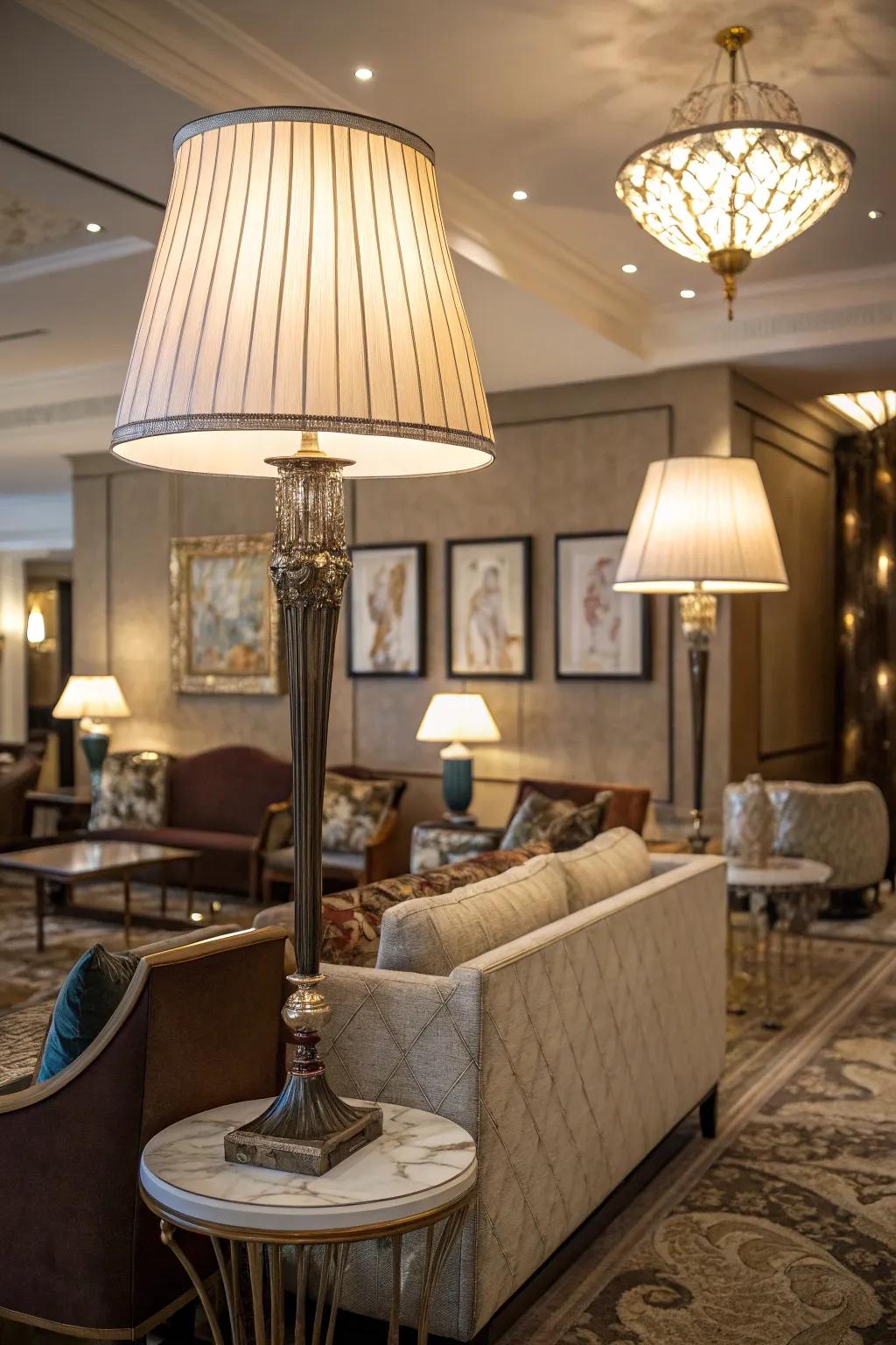 In the living room, attractive lamps enhance both lighting and design.