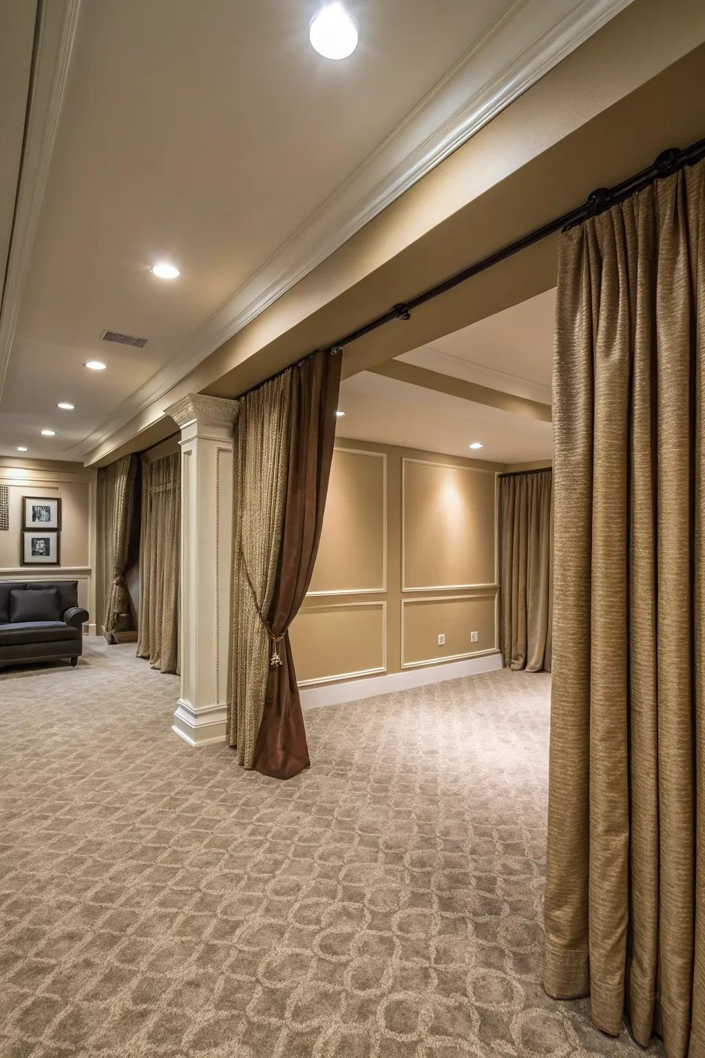 Full-length curtains introduce vertical lines and sophistication to the room.