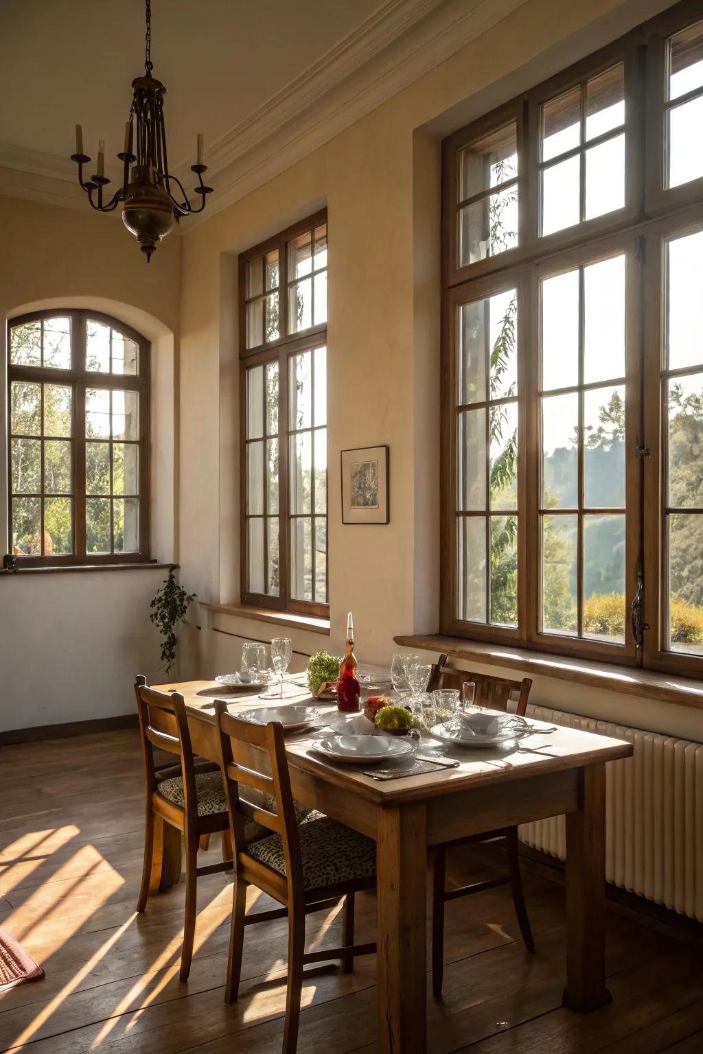 Sunlight fills a dining room through expansive windows.