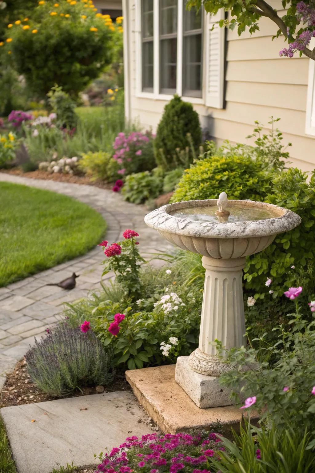 A birdbath serving as a decorative accent and adding character to the garden.