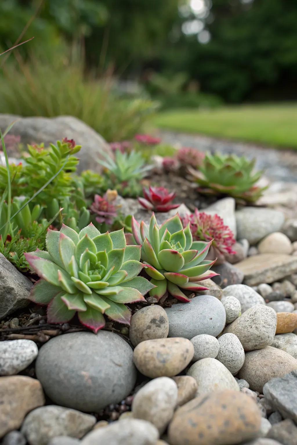 Pair small plants with pebble stones for an impressive, low-maintenance garden.