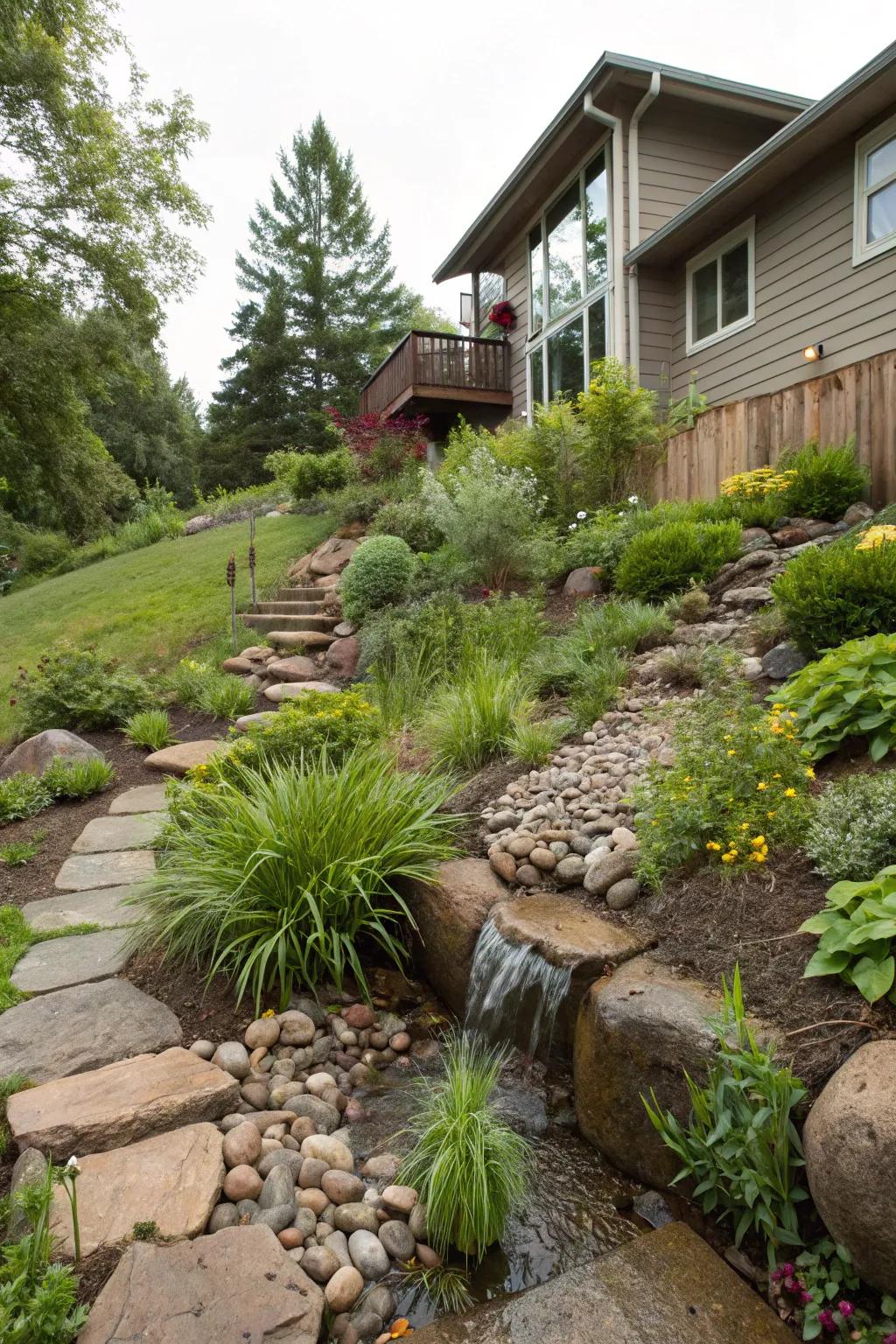 Rain gardens combine beauty with environmental benefits on sloped landscapes.