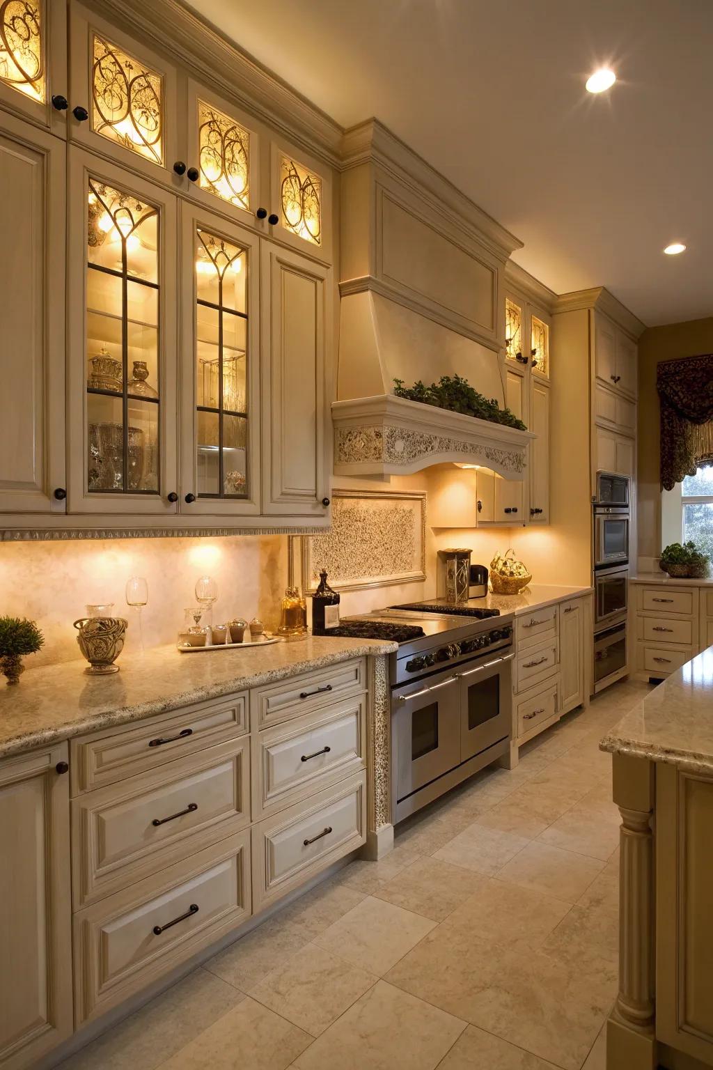 Illuminated cupboards add warmth and highlight decor.