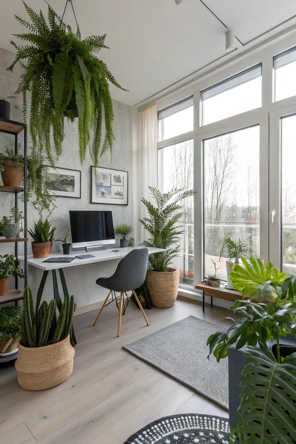 A home office enhanced by the presence of interior greenery.