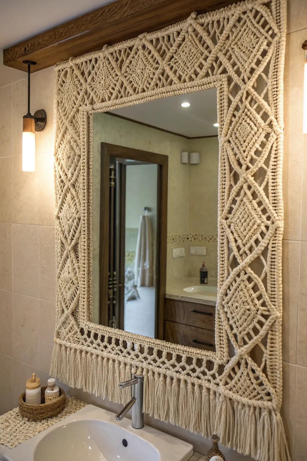 Mirrors with macrame frames serving as a fashionable main feature.