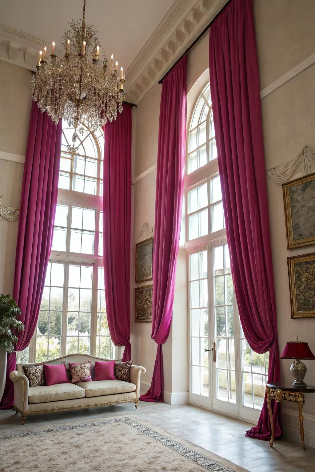Rose window treatments add drama and elegance to this beautifully decorated room.