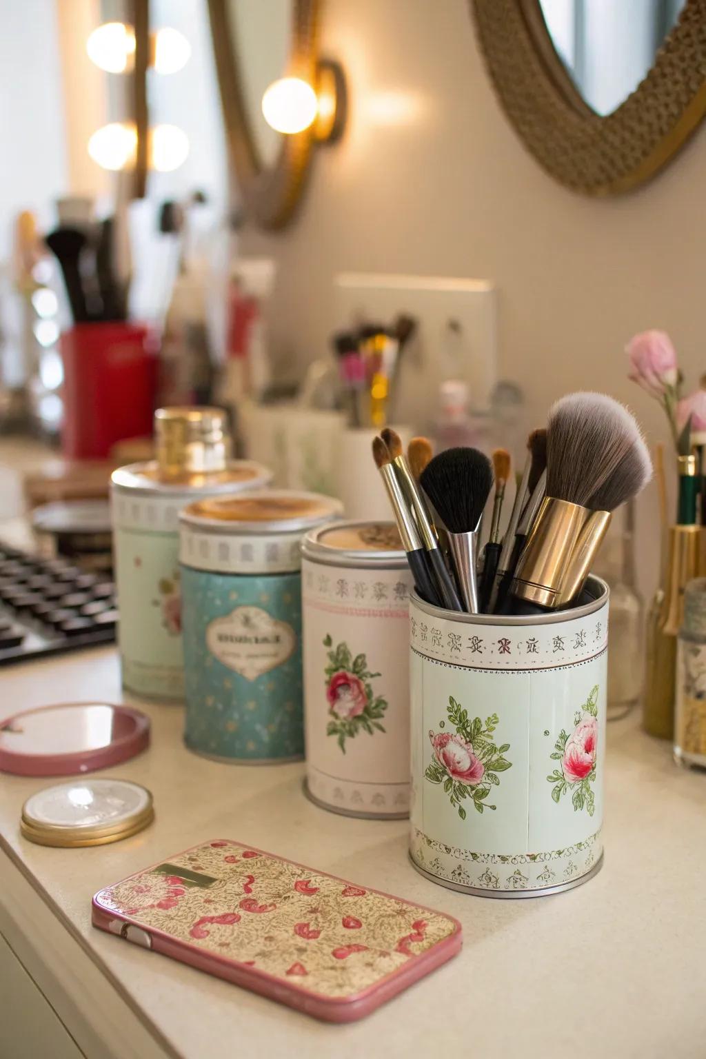 Vintage beverage tins introduce nostalgia and charm to brush keeping.