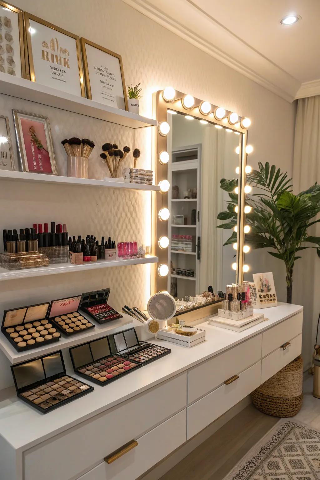 Wall shelves offer stylish storage solutions.