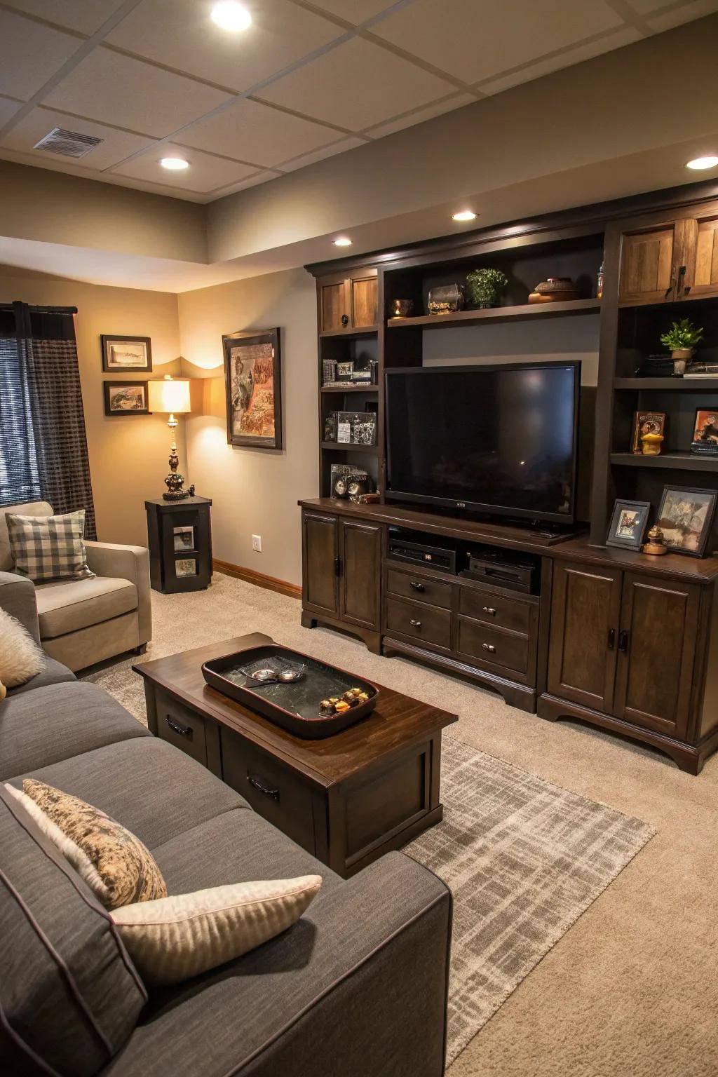Concealed storage helps your man cave look sleek.