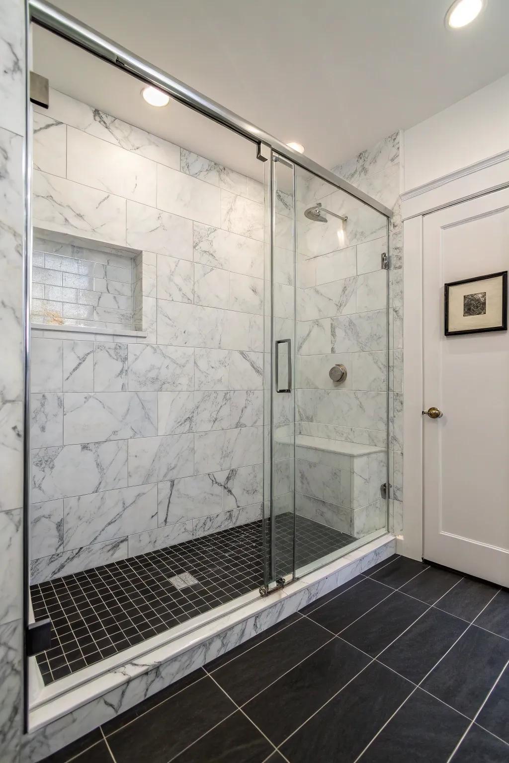 Deep-hued floors create a striking contrast with light marble tiles.