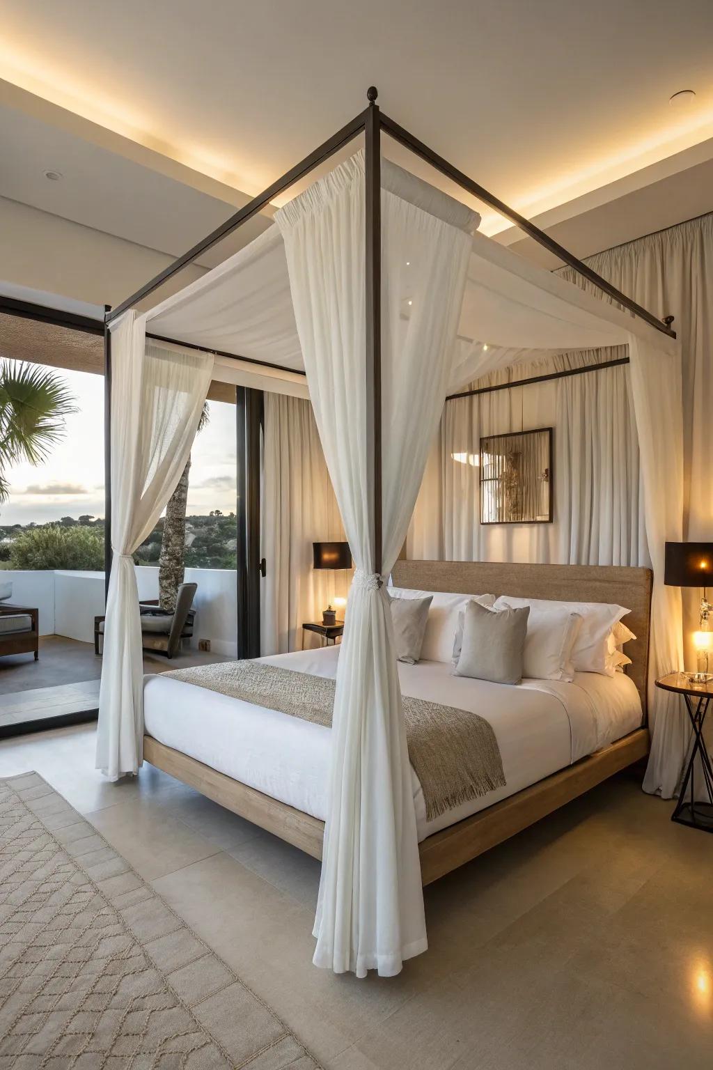 A modern four-poster bed introduces refinement and a dash of drama.
