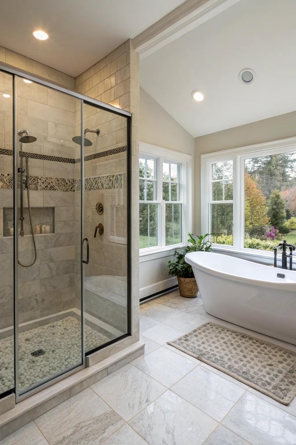 A master bathroom featuring a walk-in shower and independent bathtub.