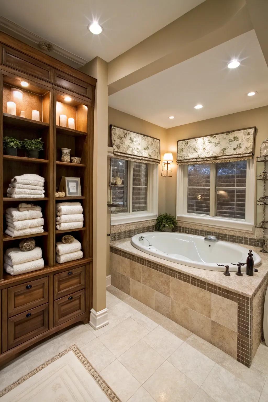 Functional shelves offer trendy storage options inside the restroom.