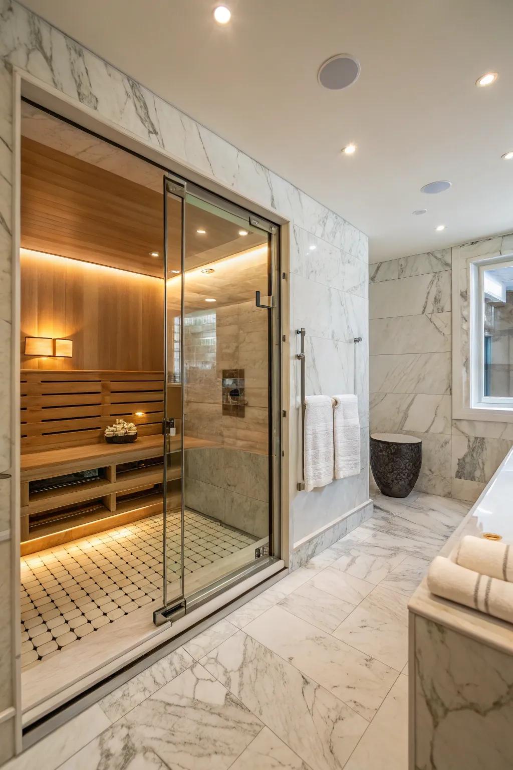 Spa inspired bathroom with steam shower, offering supreme relaxation.