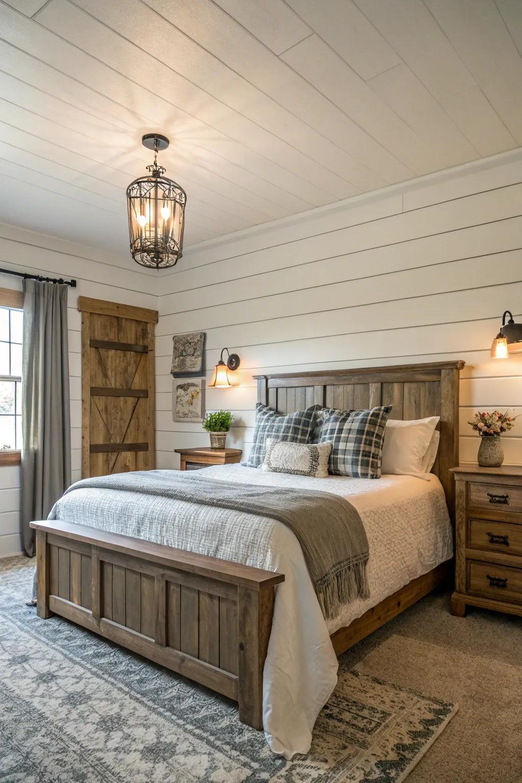 Classic farmhouse touch added by a shiplap statement wall