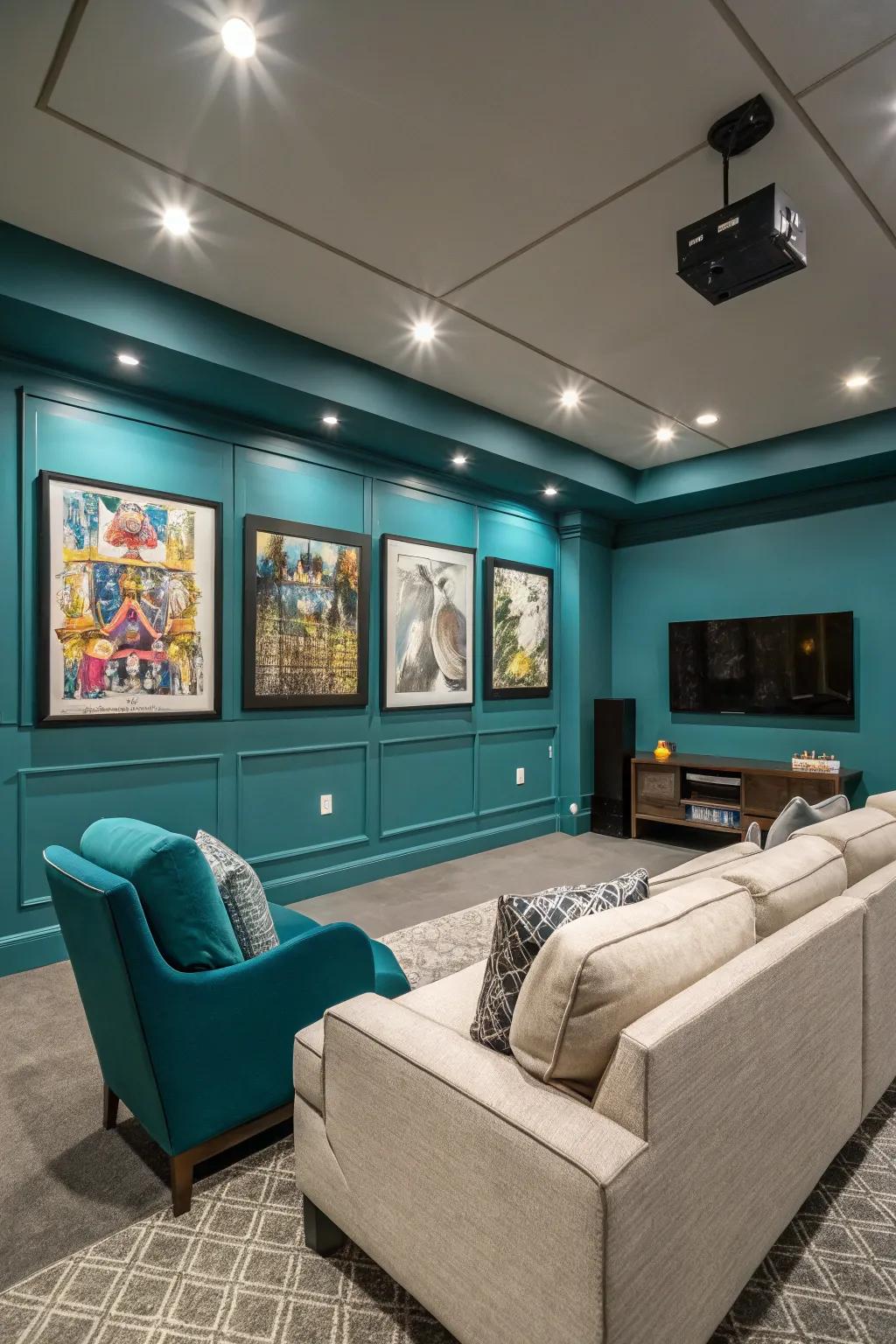 A calming media room featuring teal walls, delivering a unique take on relaxation.
